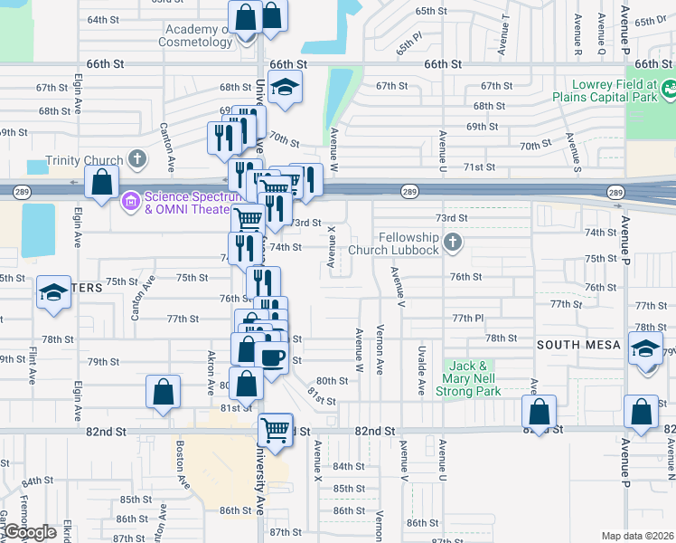 map of restaurants, bars, coffee shops, grocery stores, and more near 7407 Avenue X in Lubbock
