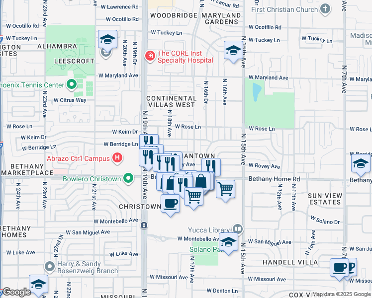 map of restaurants, bars, coffee shops, grocery stores, and more near 1727 West Keim Drive in Phoenix