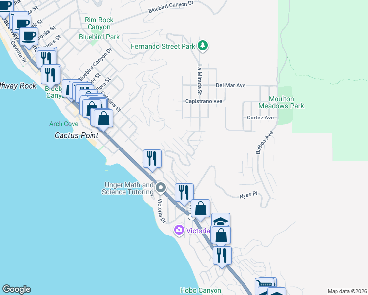 map of restaurants, bars, coffee shops, grocery stores, and more near 2560 Juanita Way in Laguna Beach