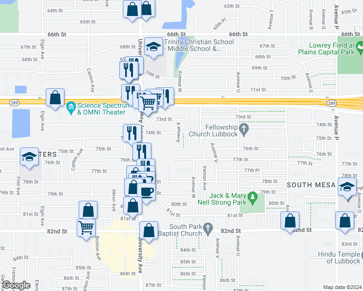 map of restaurants, bars, coffee shops, grocery stores, and more near 7404 Waco Avenue in Lubbock