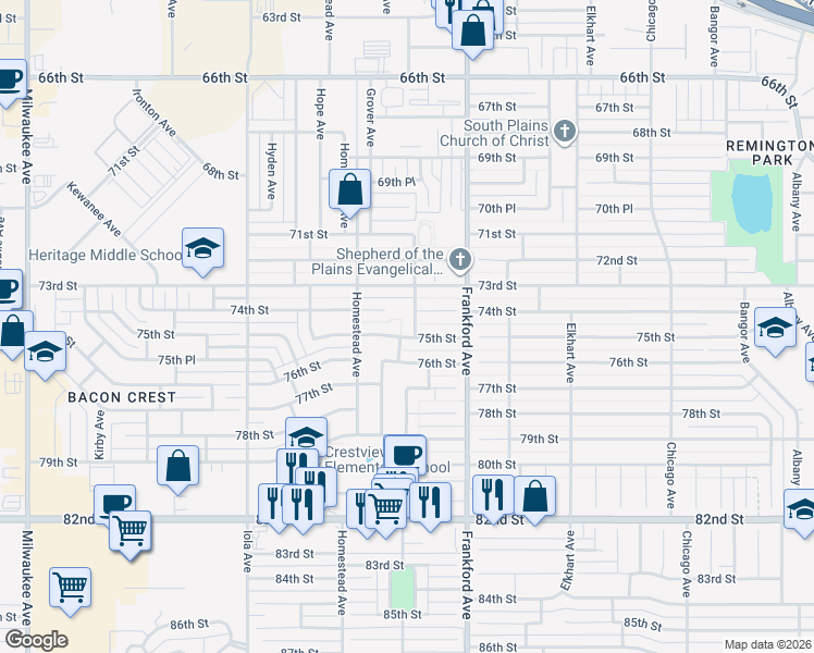 map of restaurants, bars, coffee shops, grocery stores, and more near 5815 74th Street in Lubbock