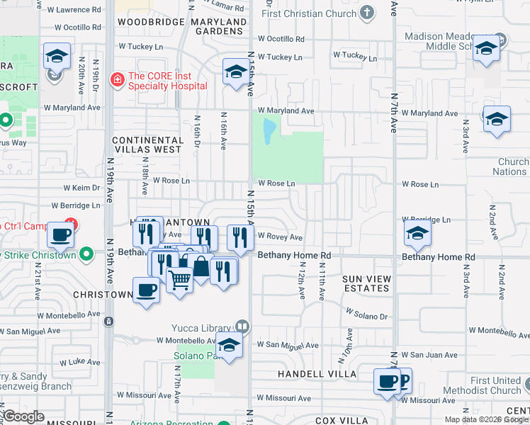 map of restaurants, bars, coffee shops, grocery stores, and more near 1409 West Keim Drive in Phoenix