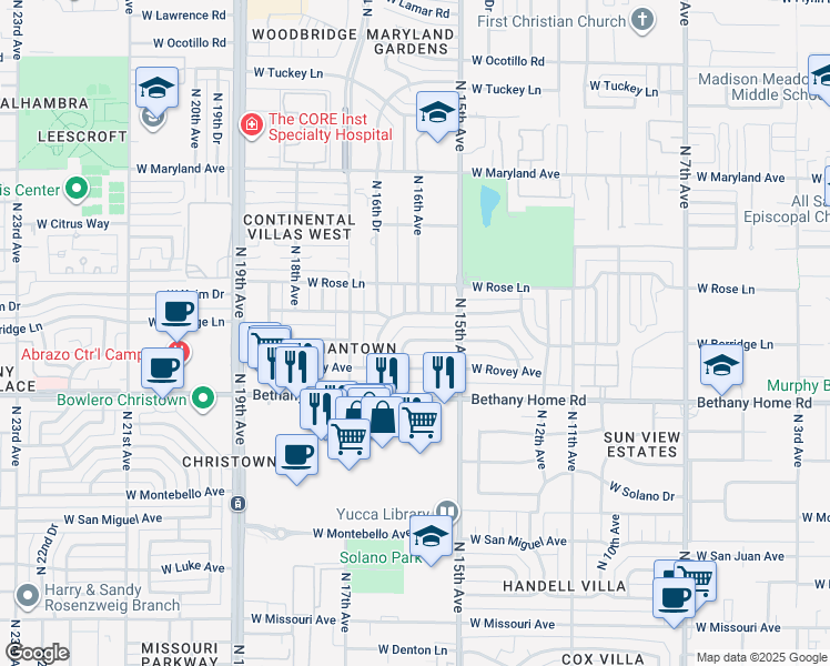 map of restaurants, bars, coffee shops, grocery stores, and more near 1603 West Keim Drive in Phoenix
