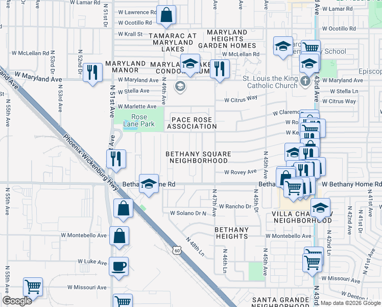 map of restaurants, bars, coffee shops, grocery stores, and more near 6203 North 48th Avenue in Glendale