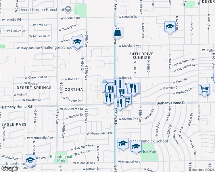 map of restaurants, bars, coffee shops, grocery stores, and more near 6112 North 67th Avenue in Glendale