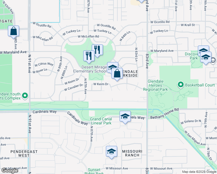 map of restaurants, bars, coffee shops, grocery stores, and more near 8566 West Keim Drive in Glendale