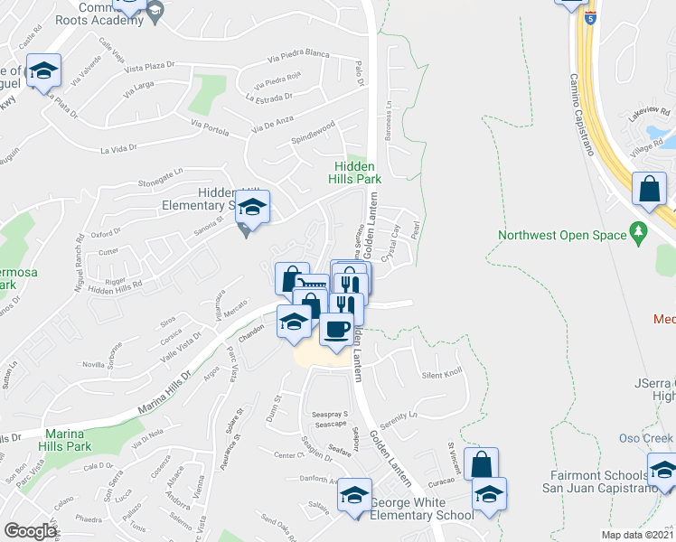 map of restaurants, bars, coffee shops, grocery stores, and more near 30001 Golden Lantern in Laguna Niguel