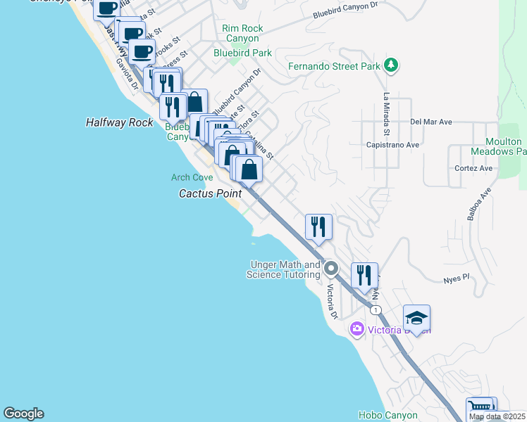 map of restaurants, bars, coffee shops, grocery stores, and more near 2160 South Coast Highway in Laguna Beach