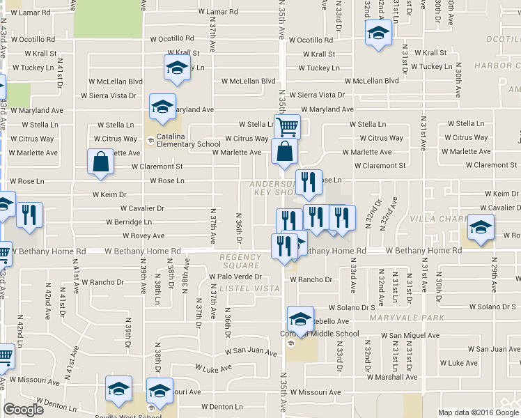 map of restaurants, bars, coffee shops, grocery stores, and more near 6122 North 35th Drive in Phoenix