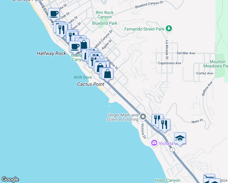map of restaurants, bars, coffee shops, grocery stores, and more near 2175 South Coast Highway in Laguna Beach