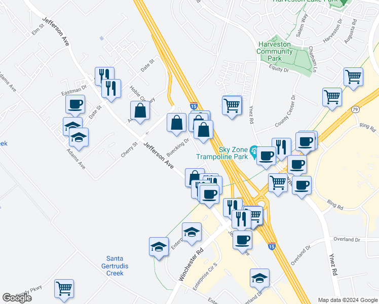 map of restaurants, bars, coffee shops, grocery stores, and more near 27247 Madison Avenue in Temecula