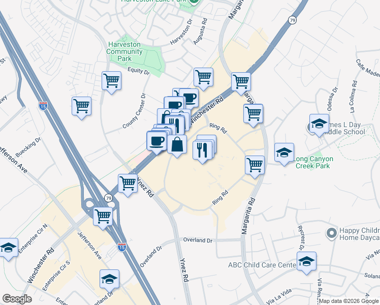map of restaurants, bars, coffee shops, grocery stores, and more near 40640 Winchester Road in Temecula