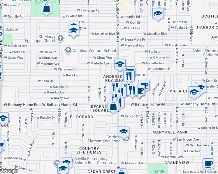 map of restaurants, bars, coffee shops, grocery stores, and more near 6122 North 35th Drive in Phoenix