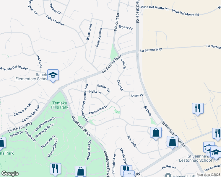 map of restaurants, bars, coffee shops, grocery stores, and more near 31484 Britton Circle in Temecula