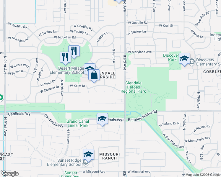 map of restaurants, bars, coffee shops, grocery stores, and more near 8383 West Berridge Lane in Glendale