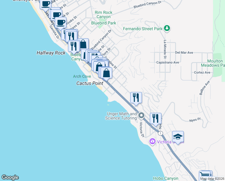 map of restaurants, bars, coffee shops, grocery stores, and more near 2175 South Coast Highway in Laguna Beach