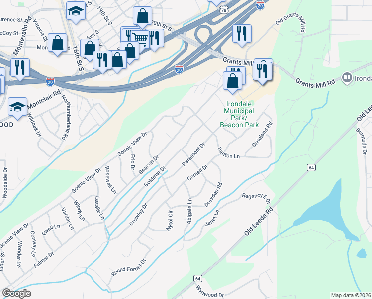 map of restaurants, bars, coffee shops, grocery stores, and more near 5240 Goldmar Drive in Irondale