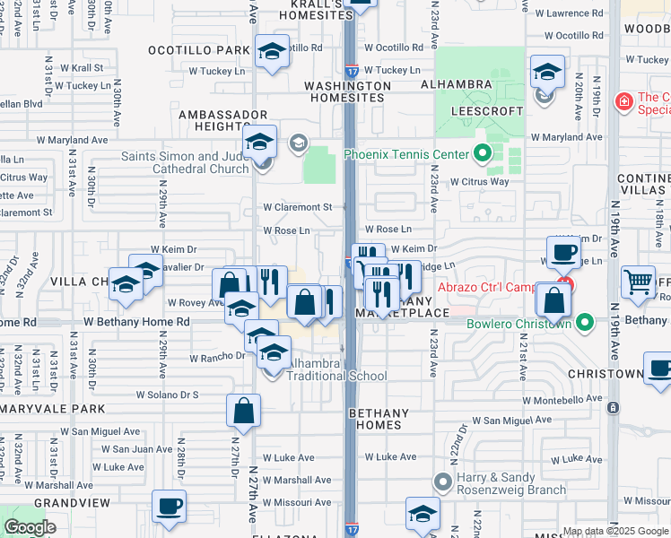 map of restaurants, bars, coffee shops, grocery stores, and more near 6070 North Black Canyon Highway in Phoenix