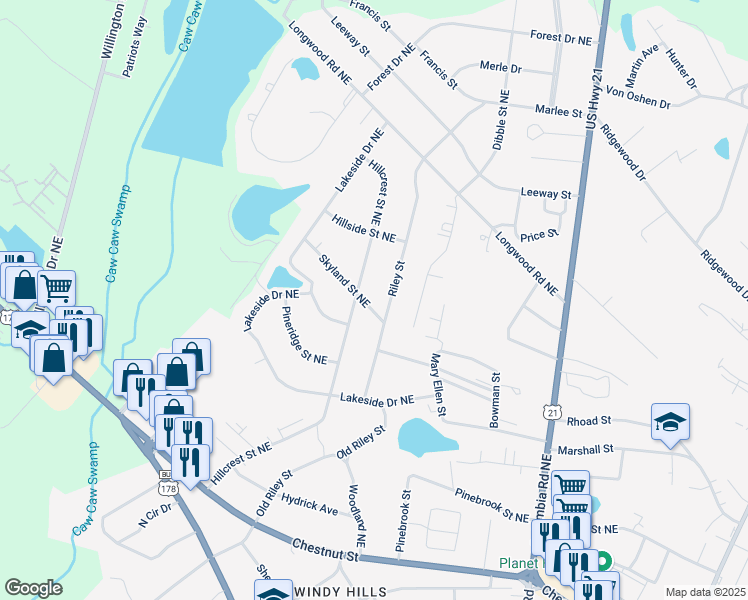 map of restaurants, bars, coffee shops, grocery stores, and more near 2673 Riley Street in Orangeburg
