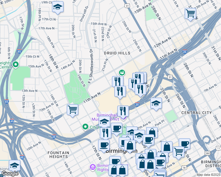 map of restaurants, bars, coffee shops, grocery stores, and more near 716 21st Street North in Birmingham