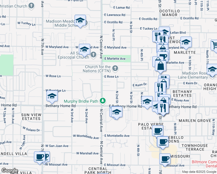 map of restaurants, bars, coffee shops, grocery stores, and more near 23 East Keim Drive in Phoenix