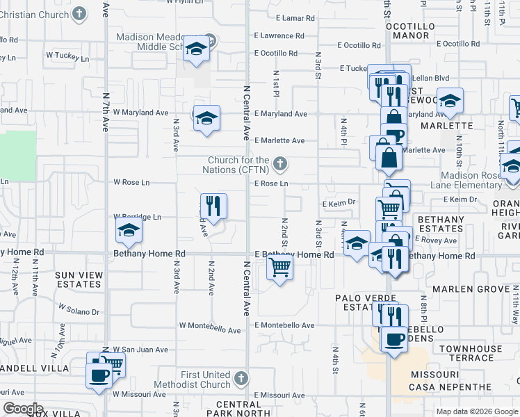 map of restaurants, bars, coffee shops, grocery stores, and more near 23 East Keim Drive in Phoenix