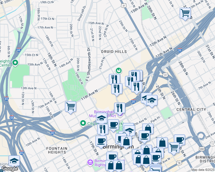 map of restaurants, bars, coffee shops, grocery stores, and more near 608 21st Street North in Birmingham