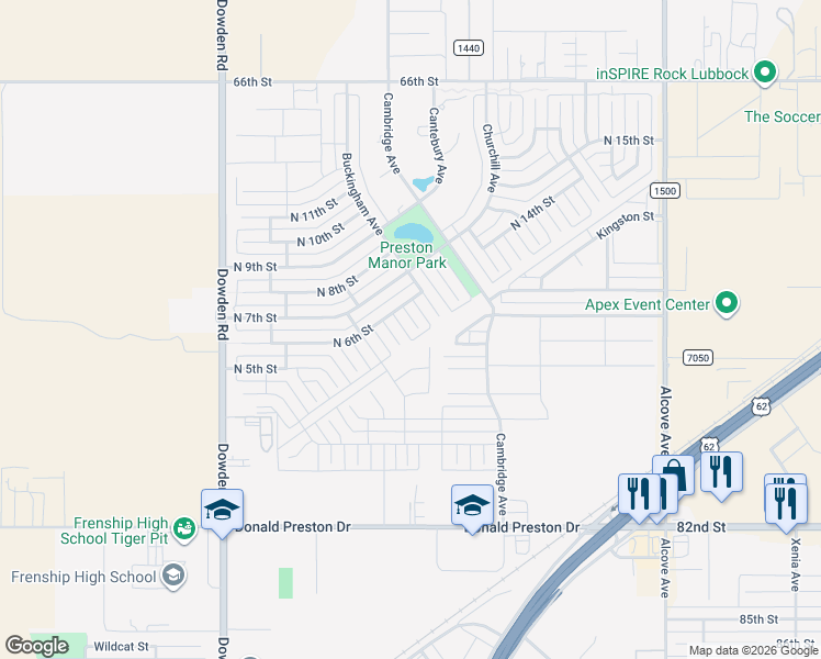 map of restaurants, bars, coffee shops, grocery stores, and more near 501-513 Brookshire Ave in Wolfforth