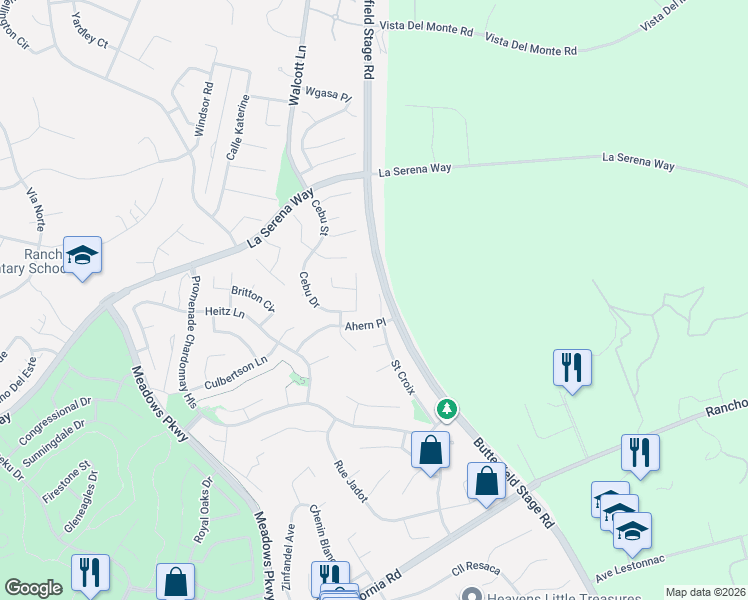 map of restaurants, bars, coffee shops, grocery stores, and more near 41299 Saint Croix in Temecula