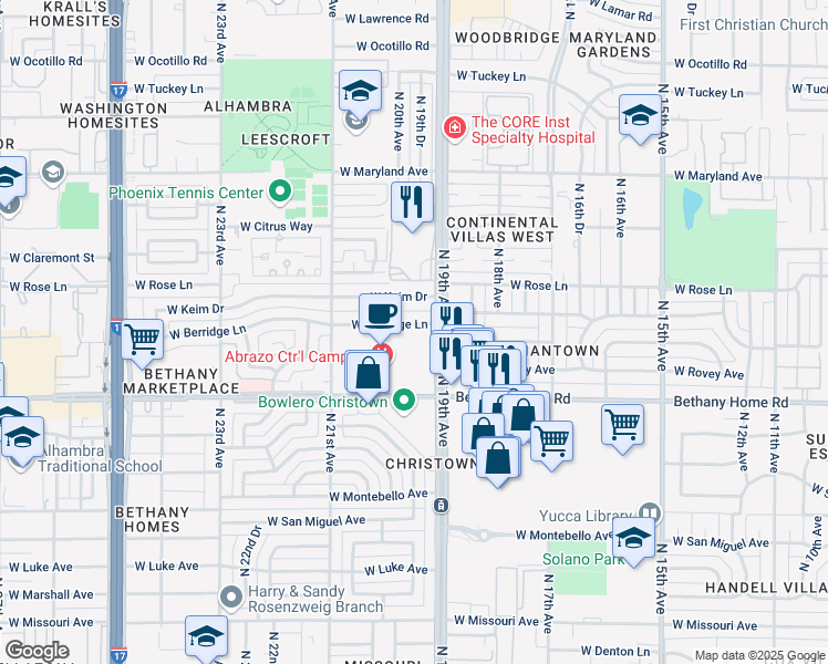 map of restaurants, bars, coffee shops, grocery stores, and more near 1926 West Berridge Lane in Phoenix