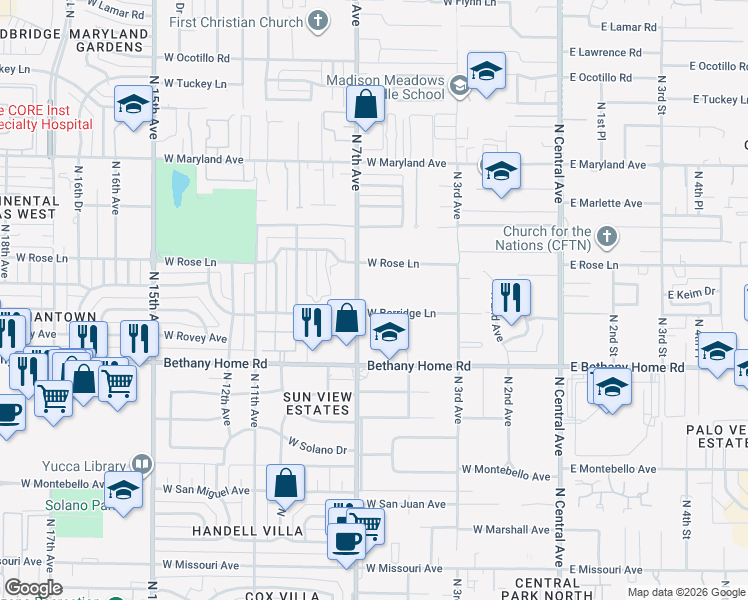 map of restaurants, bars, coffee shops, grocery stores, and more near 604 West Berridge Lane in Phoenix