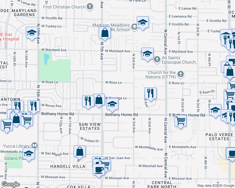 map of restaurants, bars, coffee shops, grocery stores, and more near 352 West Berridge Lane in Phoenix