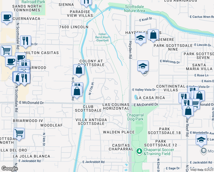 map of restaurants, bars, coffee shops, grocery stores, and more near 7821 East Keim Drive in Scottsdale