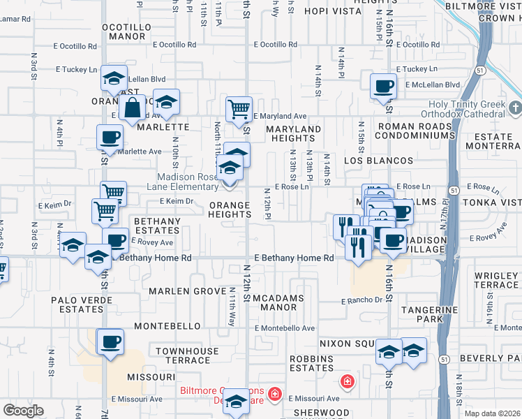 map of restaurants, bars, coffee shops, grocery stores, and more near 6109 North 12th Place in Phoenix