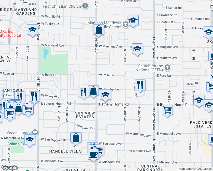 map of restaurants, bars, coffee shops, grocery stores, and more near 600 West Berridge Lane in Phoenix