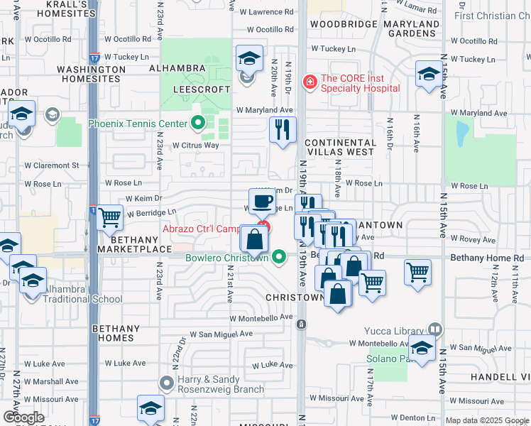 map of restaurants, bars, coffee shops, grocery stores, and more near 2014 West Berridge Lane in Phoenix