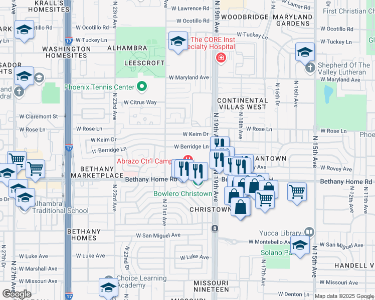 map of restaurants, bars, coffee shops, grocery stores, and more near 2014 West Berridge Lane in Phoenix
