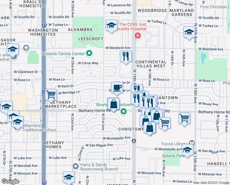 map of restaurants, bars, coffee shops, grocery stores, and more near 2014 West Berridge Lane in Phoenix