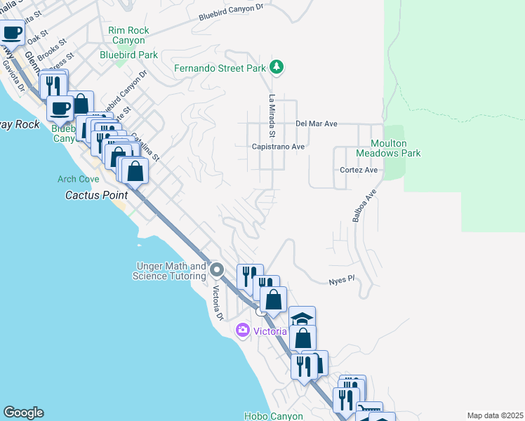 map of restaurants, bars, coffee shops, grocery stores, and more near 2590 Iris Way in Laguna Beach