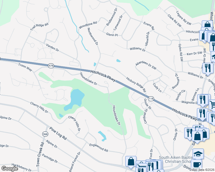 map of restaurants, bars, coffee shops, grocery stores, and more near 10 Bungalow Village Way in Aiken