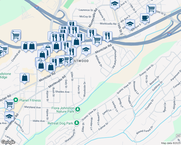 map of restaurants, bars, coffee shops, grocery stores, and more near 1699 Montclair Road in Irondale