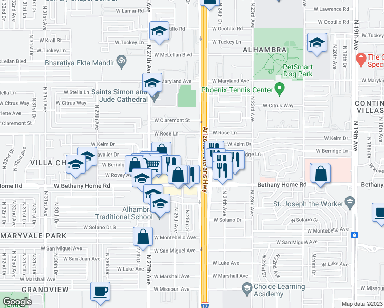 map of restaurants, bars, coffee shops, grocery stores, and more near 2534 West Berridge Lane in Phoenix