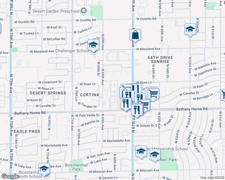 map of restaurants, bars, coffee shops, grocery stores, and more near North 69th Avenue in Glendale