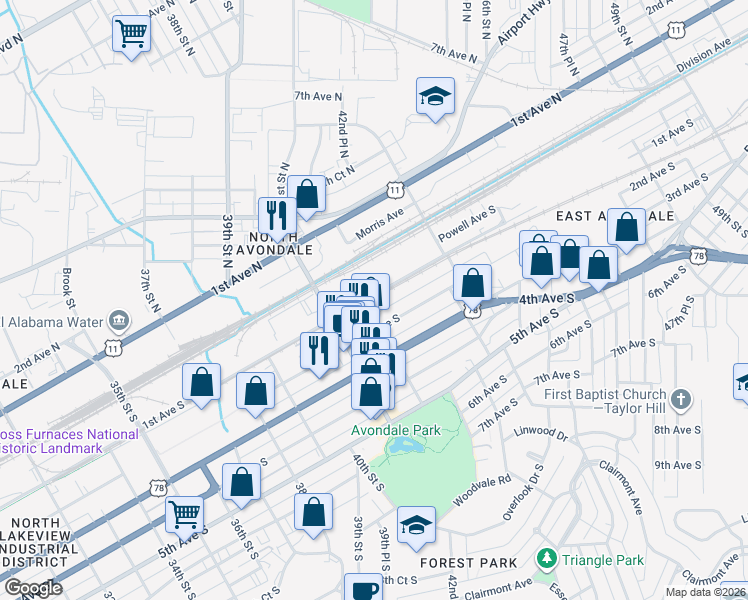 map of restaurants, bars, coffee shops, grocery stores, and more near 4205 1st Avenue South in Birmingham