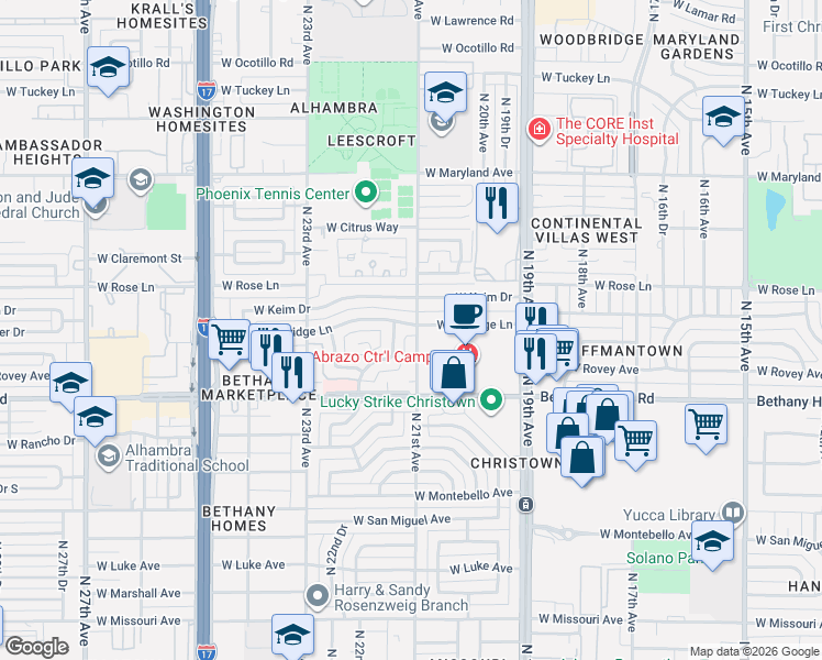 map of restaurants, bars, coffee shops, grocery stores, and more near 2101 West Berridge Lane in Phoenix
