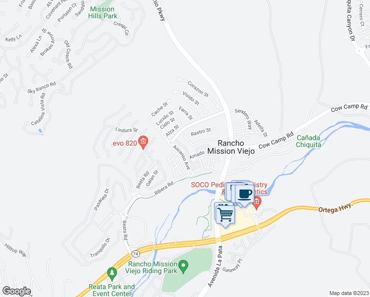 map of restaurants, bars, coffee shops, grocery stores, and more near 24 Rollizo Street in San Juan Capistrano