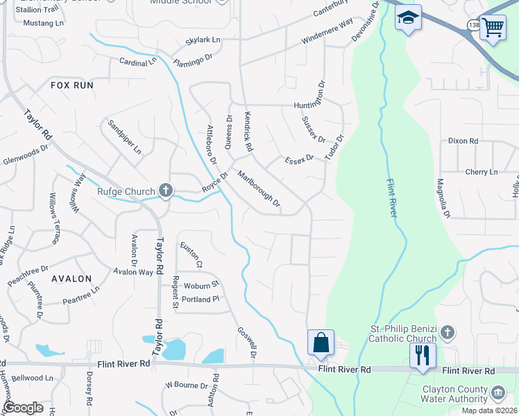 map of restaurants, bars, coffee shops, grocery stores, and more near 8355 Marlborough Drive in Jonesboro