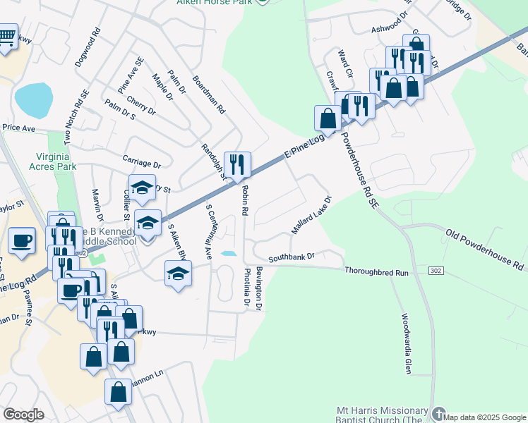 map of restaurants, bars, coffee shops, grocery stores, and more near 135 Robinwood Drive in Aiken