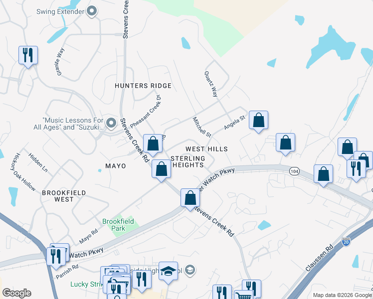 map of restaurants, bars, coffee shops, grocery stores, and more near 3021 Sterling Road in Augusta