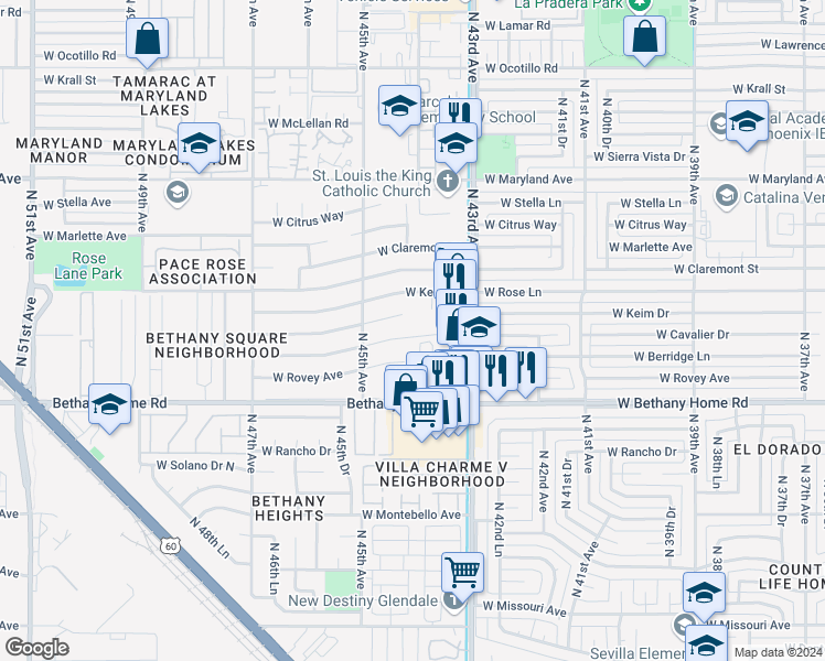 map of restaurants, bars, coffee shops, grocery stores, and more near 4402 West Berridge Lane in Glendale
